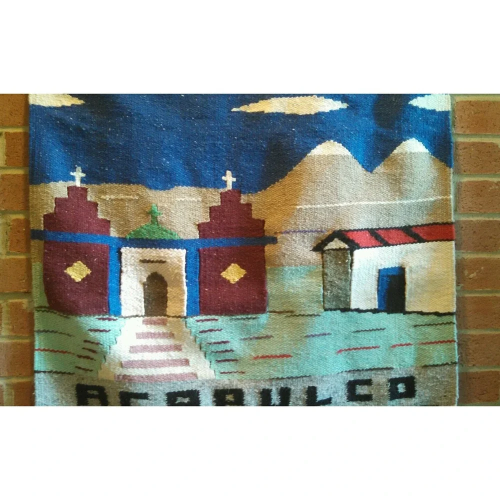 Vintage Mexican Wool Wall Hanging Rug with Fringe Acapulco Large 50 x 28